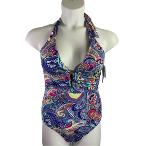 Liz Claiborne Paisley Multicolor Halter 1-Piece Swimsuit NWT Size 10 SKU0856
